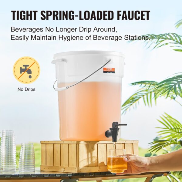 VEVOR beverage dispenser with spring-loaded faucet, preventing drips, set on a wooden stand outdoors.