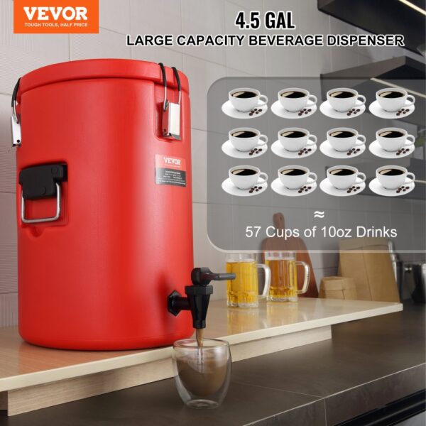 VEVOR stainless steel beverage dispenser, red, 4.5 gal capacity, serving 57 cups in a kitchen setting.