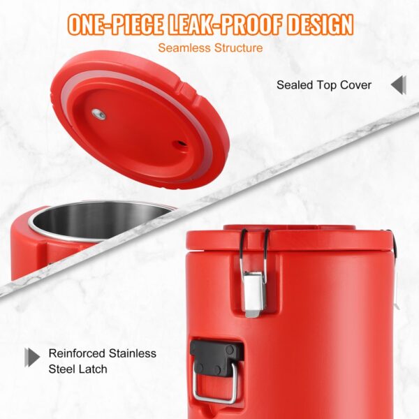 VEVOR stainless steel beverage dispenser highlighting leak-proof design, sealed top cover, and steel latch.