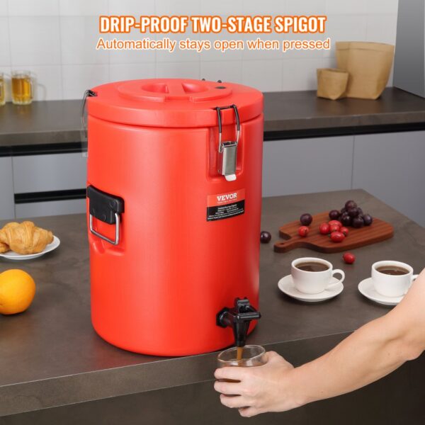 VEVOR stainless steel beverage dispenser with drip-proof spigot on a kitchen counter with cups and fruits.