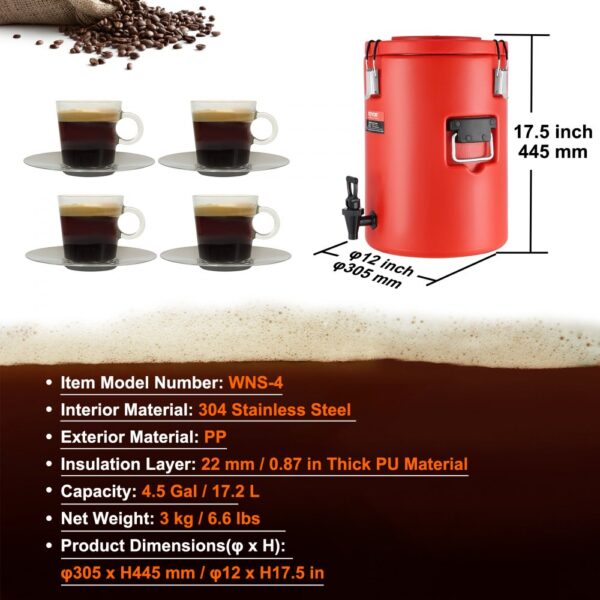 VEVOR stainless steel beverage dispenser 4.5 gal, red with 304 stainless steel interior, four coffee cups.