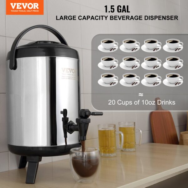 VEVOR stainless steel beverage dispenser, 1.5-gallon capacity, serves 20 cups of coffee, countertop setup.