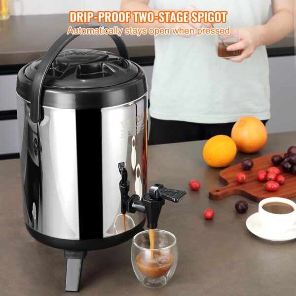 VEVOR stainless steel beverage dispenser with drip-proof spigot dispensing coffee into a glass cup.