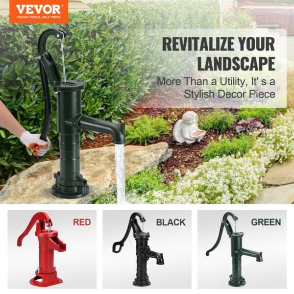 VEVOR antique hand water pump in red, black, and green colors, enhancing garden decor.