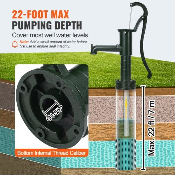 VEVOR antique hand water pump with 22-foot max pumping depth covers most well levels.