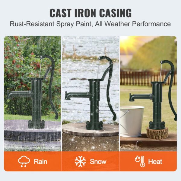 VEVOR antique hand water pump in rain, snow, and heat, showcasing all-weather durability.