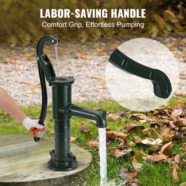 VEVOR antique hand water pump with labor-saving handle and flowing water in a garden.