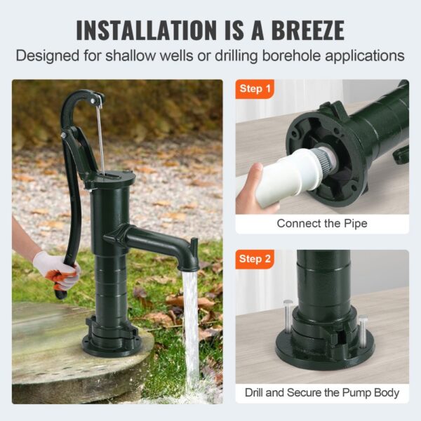 VEVOR antique hand water pump installation steps for shallow wells and boreholes.