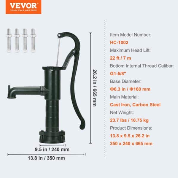 VEVOR antique hand water pump, 22ft lift, 26.2in height, cast iron, g1-5/8 threading.