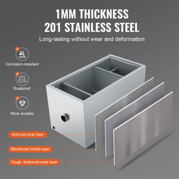 VEVOR commercial grease trap in 201 stainless steel with anti-rust inner layer and durable outer layers.