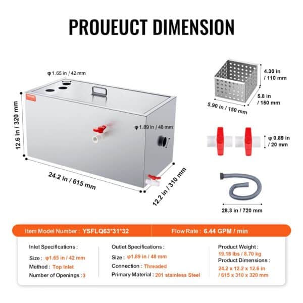 proueuct dimensions. VEVOR commercial grease trap specifications, measurements, and key components.