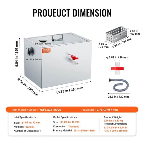VEVOR grease trap dimensions and parts, including inlet and outlet specifications, and flow rate 2.78 gpm.