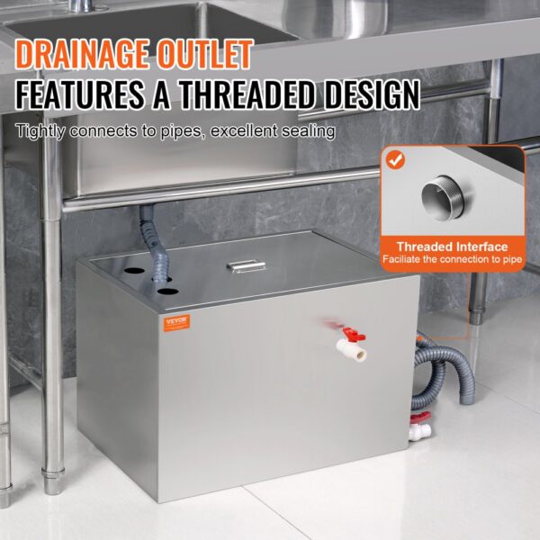 VEVOR grease trap under sink with threaded drainage outlet for tight pipe connection and excellent sealing.