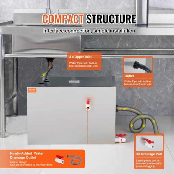 VEVOR grease trap with compact structure, three upper inlets, newly-added water drainage outlet, and oil drainage port.