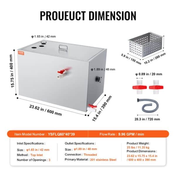 VEVOR grease trap with dimensions and specifications, including inlet, outlet, weight, and material details.