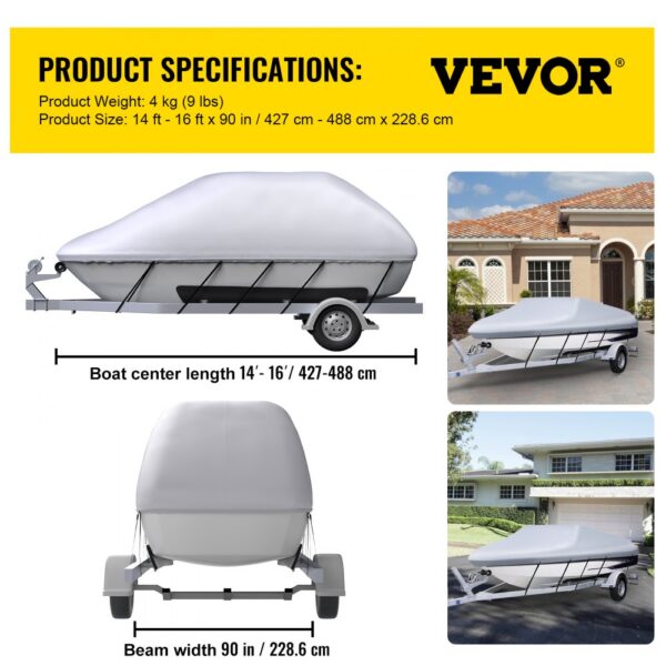 VEVOR waterproof boat cover with dimensions and usage photos, fits 14-16 ft center length.