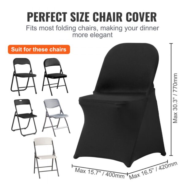 perfect size VEVOR chair covers for most folding chairs, adding elegance to dining, and max dimensions listed.