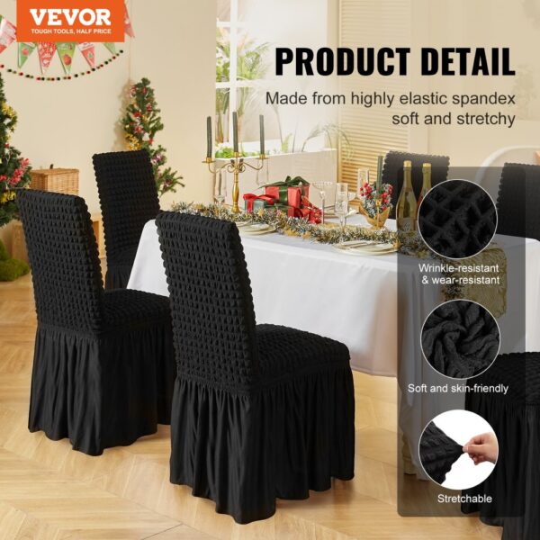 VEVOR stretch spandex chair covers in black at festive dining table, wrinkle-resistant and stretchable.