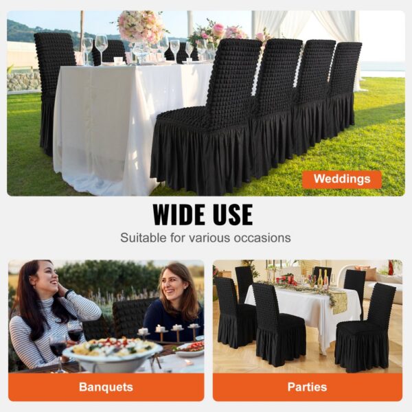 VEVOR stretch spandex chair covers at weddings, banquets, and parties with elegant table setups.