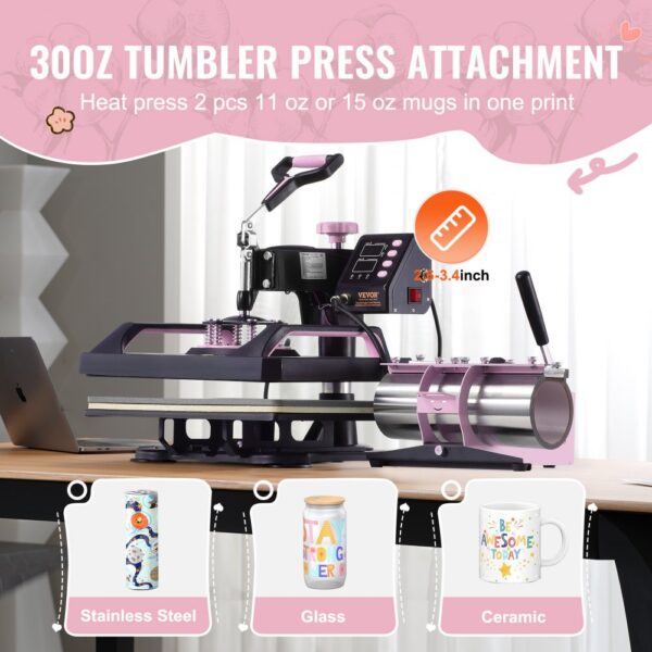 VEVOR 5 in 1 Heat Press Machine 12x15 in 30oz Tumbler Press T-Shirts Black+Pink