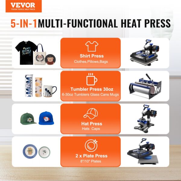 VEVOR 5 in 1 Heat Press Machine 15x15 in 30oz Tumbler Press T-Shirts Black+Blue