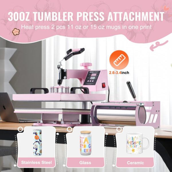 VEVOR Heat Press Machine 15x15 in 8 in 1 with 30oz Tumbler Press T-Shirts Pink