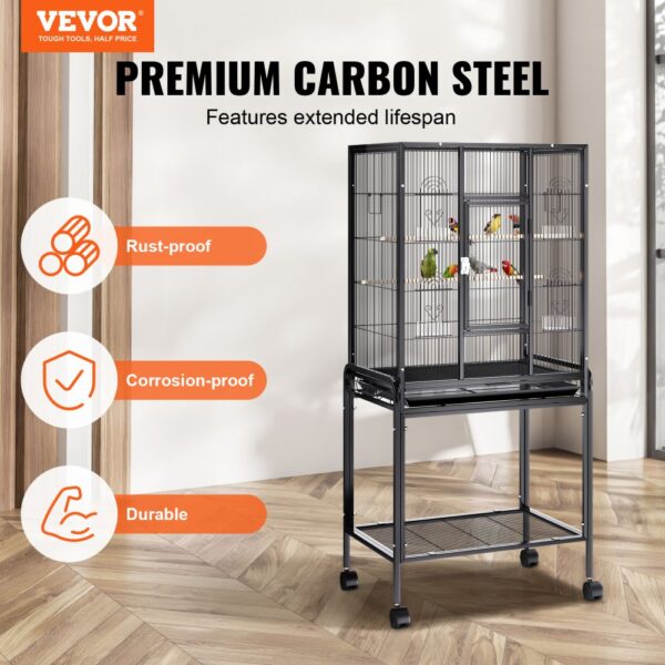 VEVOR bird cage featuring premium carbon steel, rust-proof, corrosion-proof, and durable on wheels.