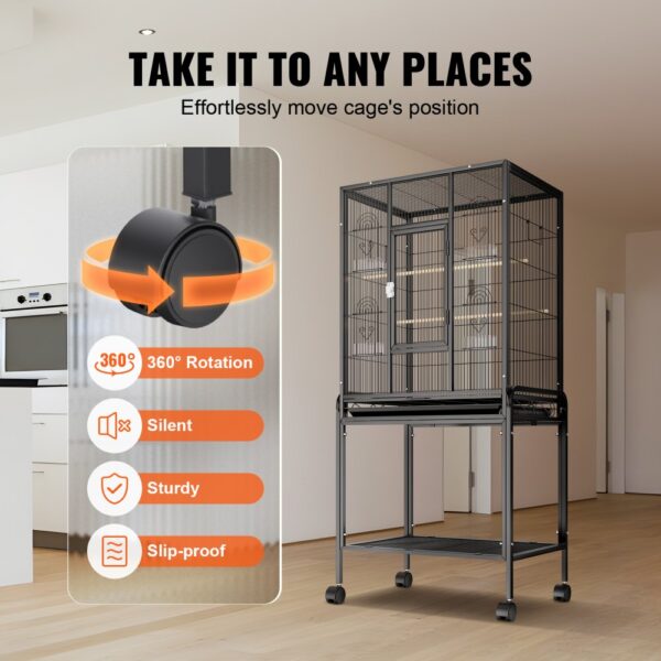 VEVOR bird cage in a modern kitchen with 360° rotating, silent, sturdy, and slip-proof wheels.