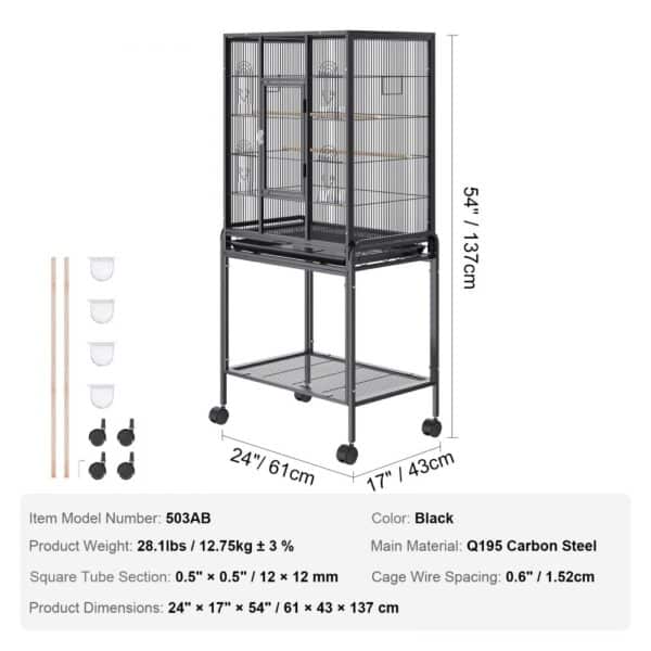 VEVOR bird cage, black, 503ab model, dimensions 24"x17"x54", with accessories and specifications.