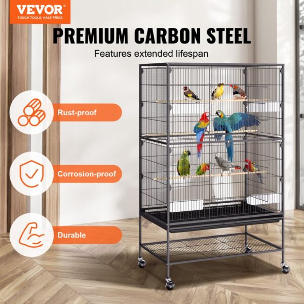 VEVOR 52 inch Standing Large Bird Cage, Carbon Steel Flight Bird Cage for Parakeets, Cockatiels, Parrots, Macaw with Rolling Stand and Tray