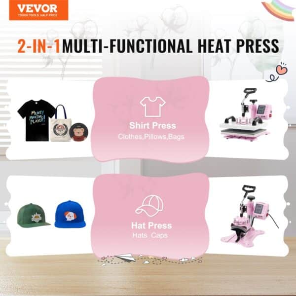 VEVOR Heat Press Machine 12x10 in 2 in 1 with Hat Press for T-Shirts Caps Pink