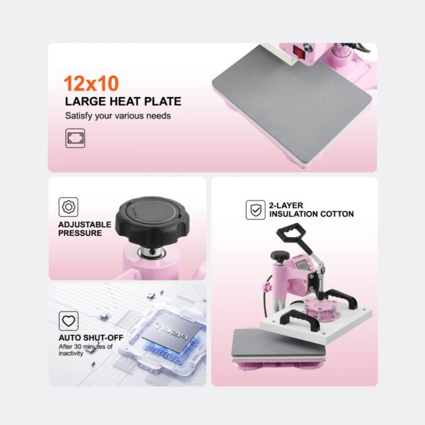 VEVOR Heat Press Machine 12x10 in 2 in 1 with Hat Press for T-Shirts Caps Pink