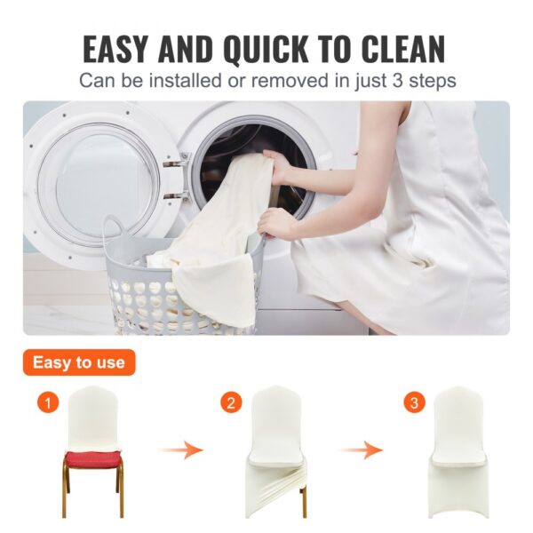 washing VEVOR spandex chair covers easily with a washing machine, simple 3-step installation guide shown.