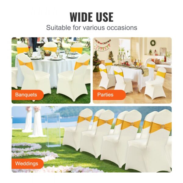 VEVOR spandex chair covers for banquets, parties, and weddings with white fabric and yellow sash.