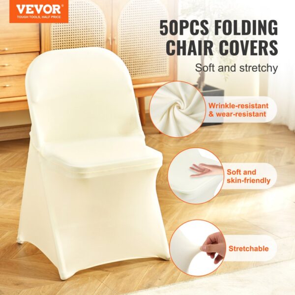 VEVOR spandex folding chair covers, wrinkle-resistant, soft, stretchy, and skin-friendly, 50pcs pack.