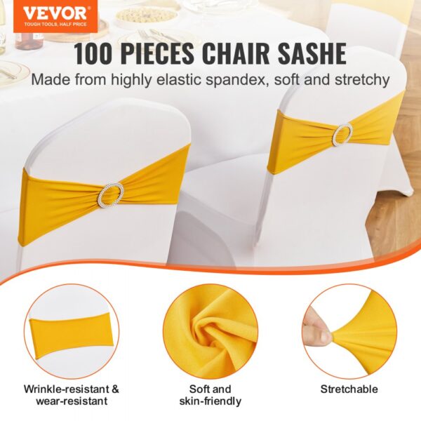 white chairs with bright yellow VEVOR stretch spandex chair sashes featuring rhinestone buckles.