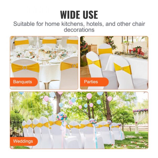 VEVOR stretch spandex chair sashes used in banquets, parties, and weddings with white chairs and yellow sashes.