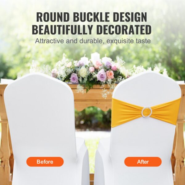 yellow VEVOR stretch spandex chair sashes with round buckle on white chairs, floral decor in background.