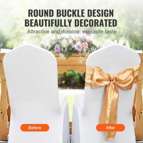 two white chairs with a floral arrangement behind, one plain and the other with a VEVOR stretch spandex chair sash.