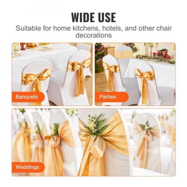 VEVOR stretch spandex chair sashes in gold for banquets, parties, and weddings.