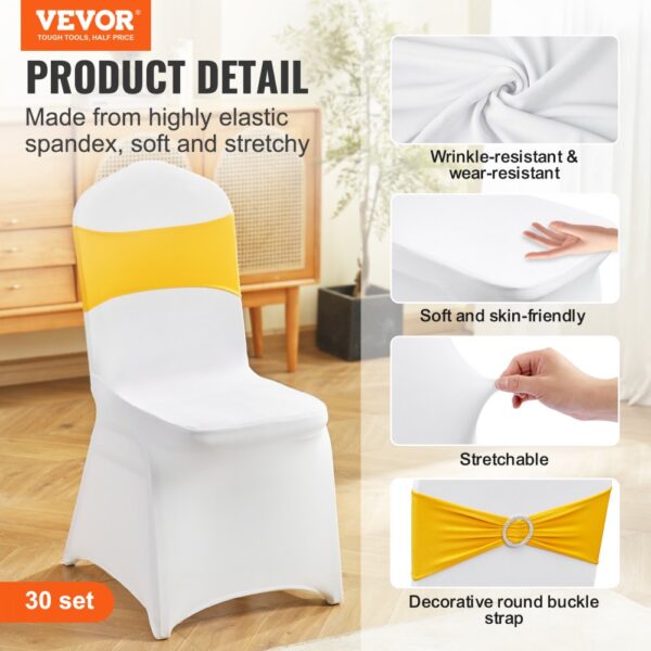 VEVOR chair covers feature highly elastic spandex, wrinkles resistant, soft, stretchable with decorative strap.