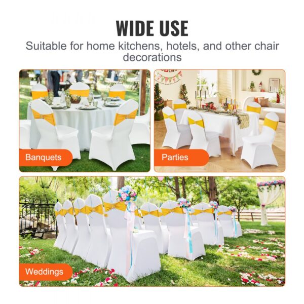 VEVOR chair covers used in banquets, parties, and weddings, showcasing elegant and festive chair decor.