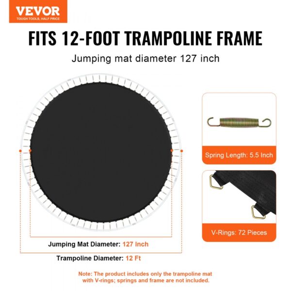 VEVOR Replacement Trampoline Mat Fits 12ft Frame 72 V-Rings 5.5" Spring Length