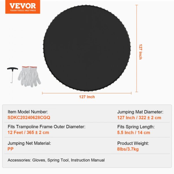 VEVOR Replacement Trampoline Mat Fits 12ft Frame 72 V-Rings 5.5" Spring Length