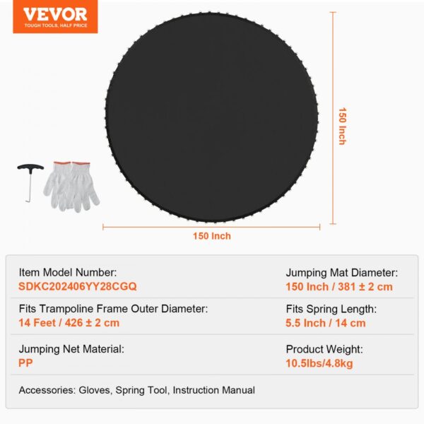 VEVOR Replacement Trampoline Mat Fits 14ft Frame 72 V-Rings 5.5" Spring Length