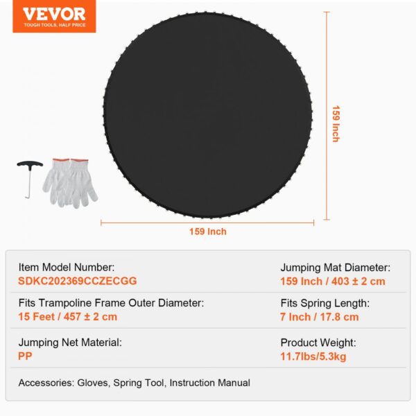 VEVOR Replacement Trampoline Mat Fits 15ft Frame 96 V-Rings 7" Spring Length