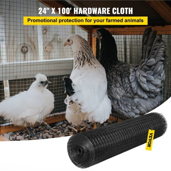 VEVOR hardware cloth protecting chickens in a coop with a 24" x 100' roll nearby.