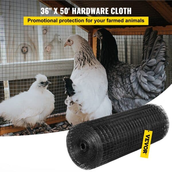 VEVOR hardware cloth protecting chickens in a coop, roll of black wire mesh in foreground.