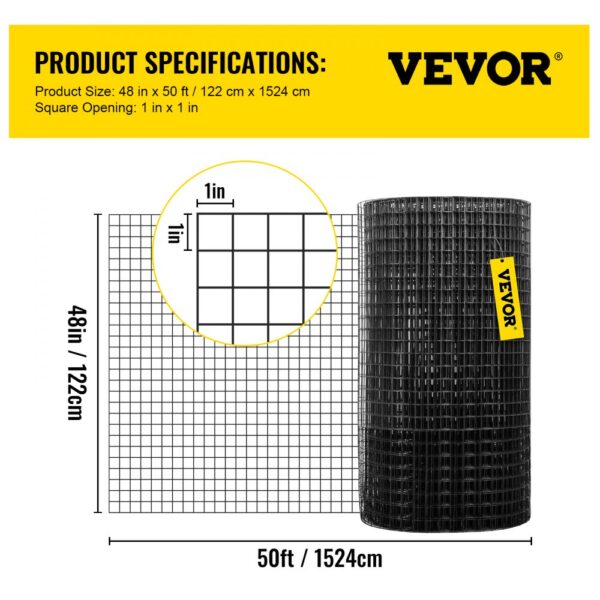 VEVOR hardware cloth: 48in x 50ft, 1in x 1in square openings, black roll.