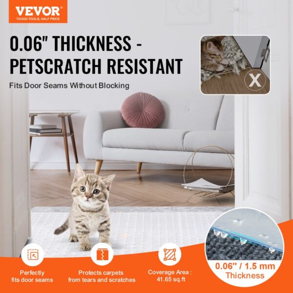 VEVOR carpet protector for pets with a kitten on a rug, showcasing 0.06" thickness and petscratch resistance.